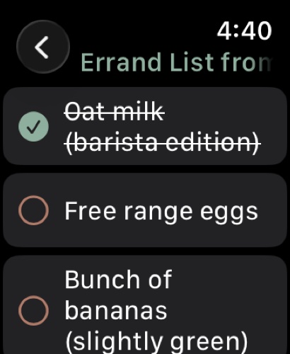 Active Notes list on Apple Watch