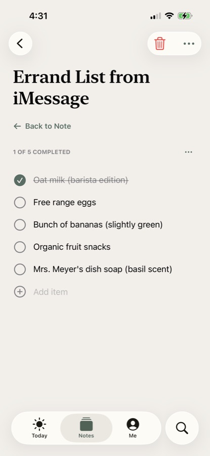 An interactive Active Notes list on iPhone