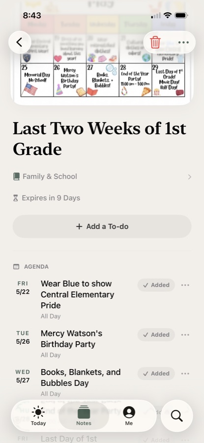 A captured event note in Active Notes with automatic calendar sync to Apple and Google Calendar